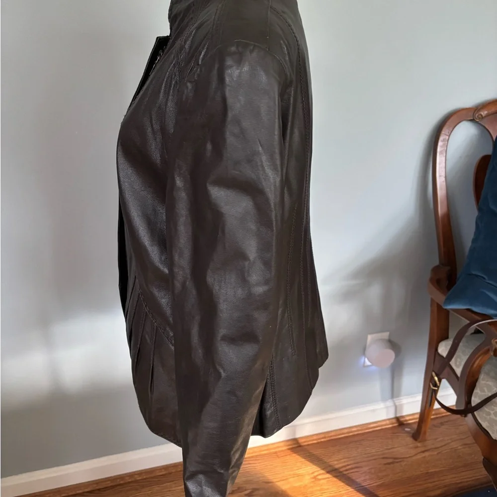 Tahari Dark Brown Collarless Leather Jacket - Picture 3 of 11